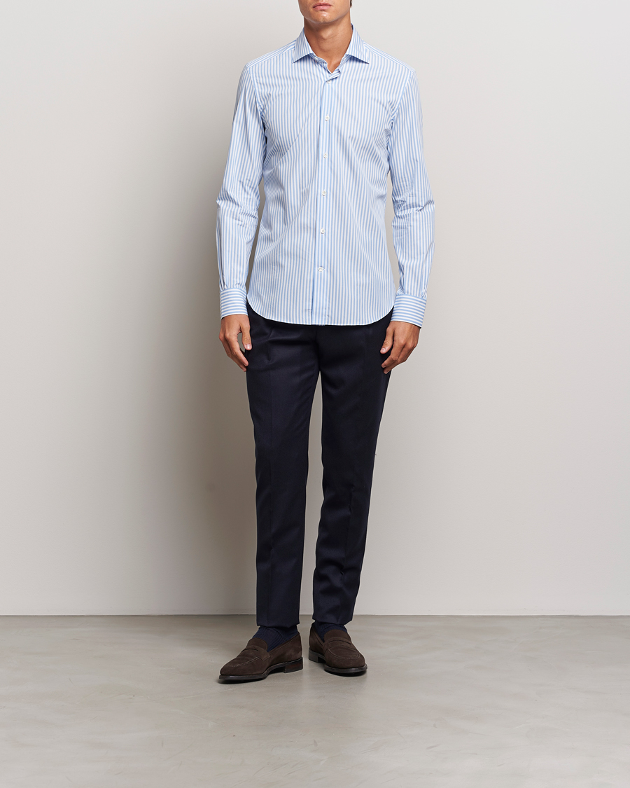 Mies | Kauluspaidat | Mazzarelli | Soft Cotton Striped Cut Away Shirt Light Blue