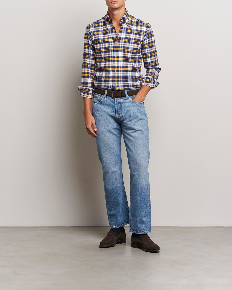 Mies | Kauluspaidat | Mazzarelli | Soft Flannel Check Button Down Shirt Blue/White