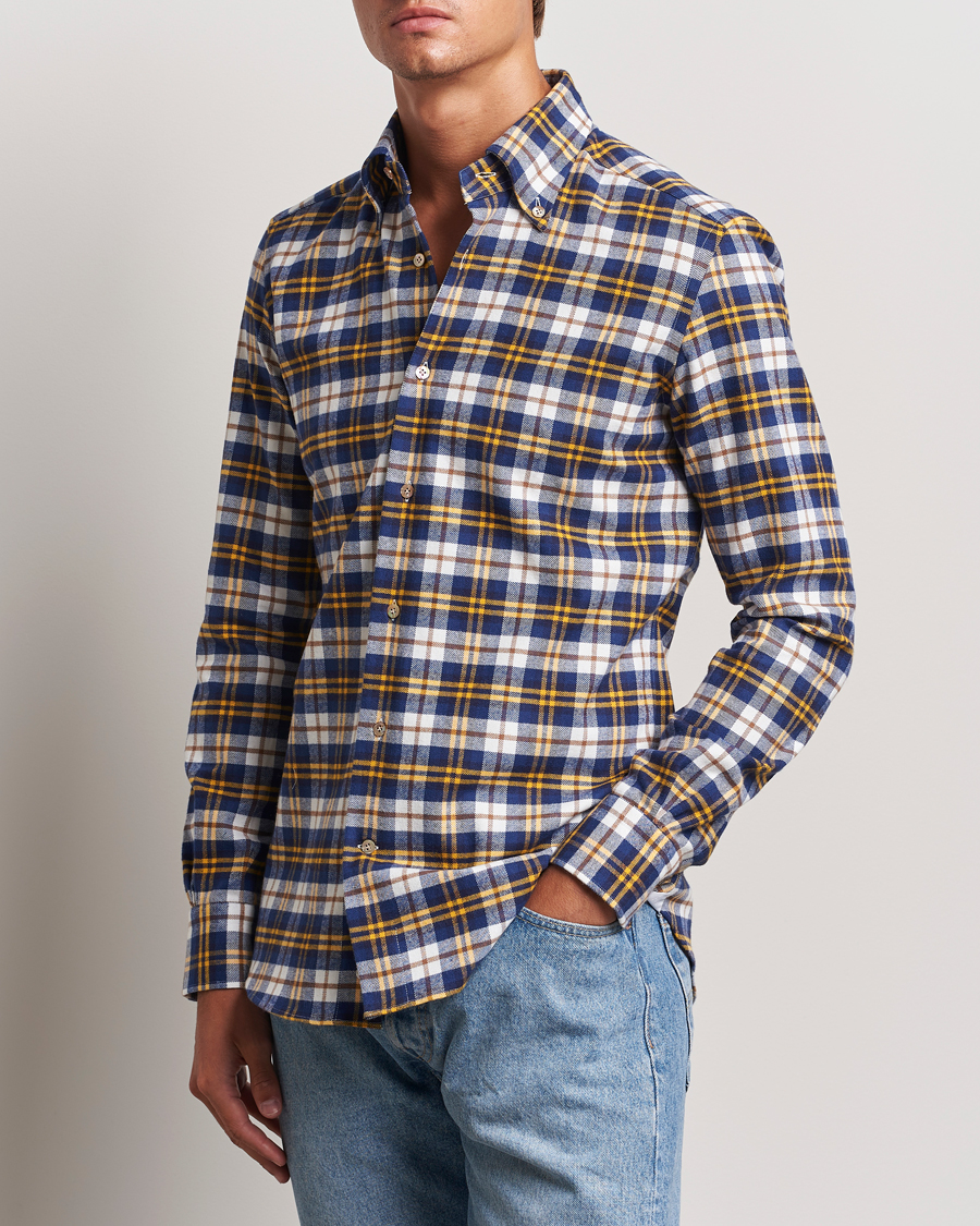 Mies | Kauluspaidat | Mazzarelli | Soft Flannel Check Button Down Shirt Blue/White