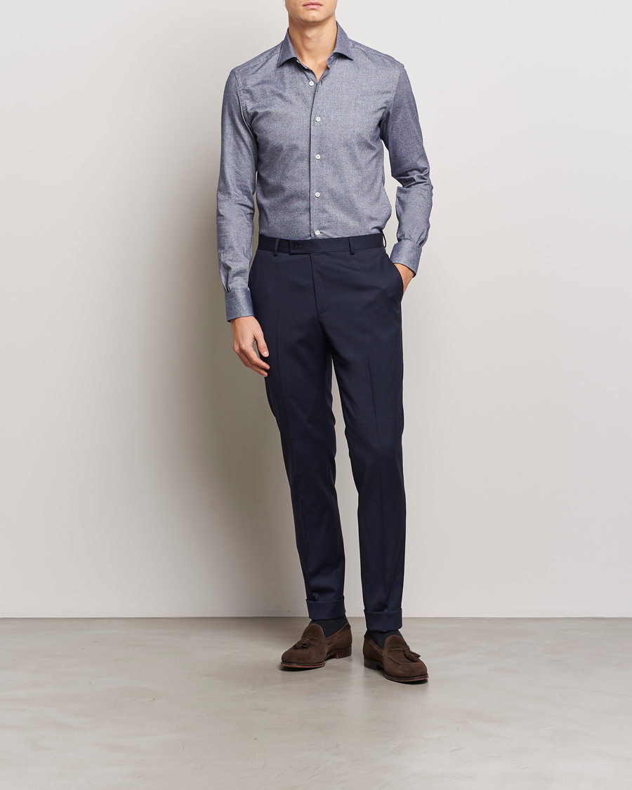 Mies | Kauluspaidat | Mazzarelli | Soft Flannel Cut Away Shirt Dark Blue