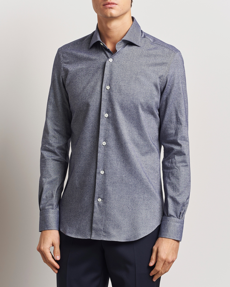 Mies | Kauluspaidat | Mazzarelli | Soft Flannel Cut Away Shirt Dark Blue
