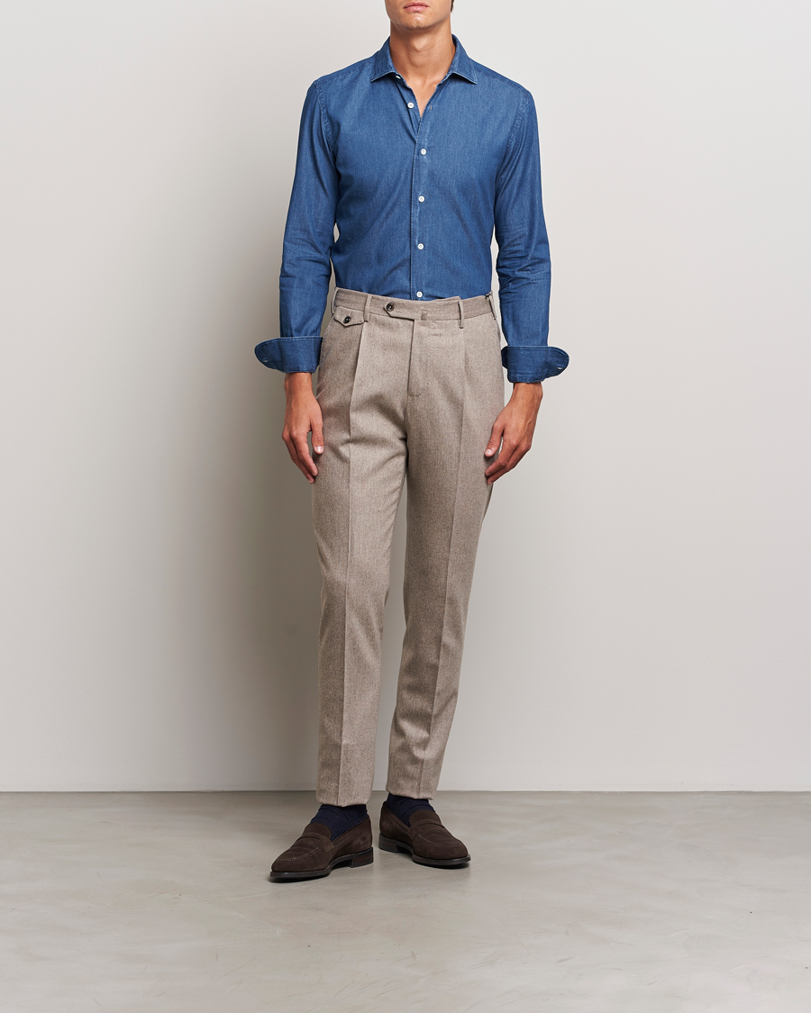 Mies | Kauluspaidat | Mazzarelli | Soft Cotton Denim Shirt Stone Wash
