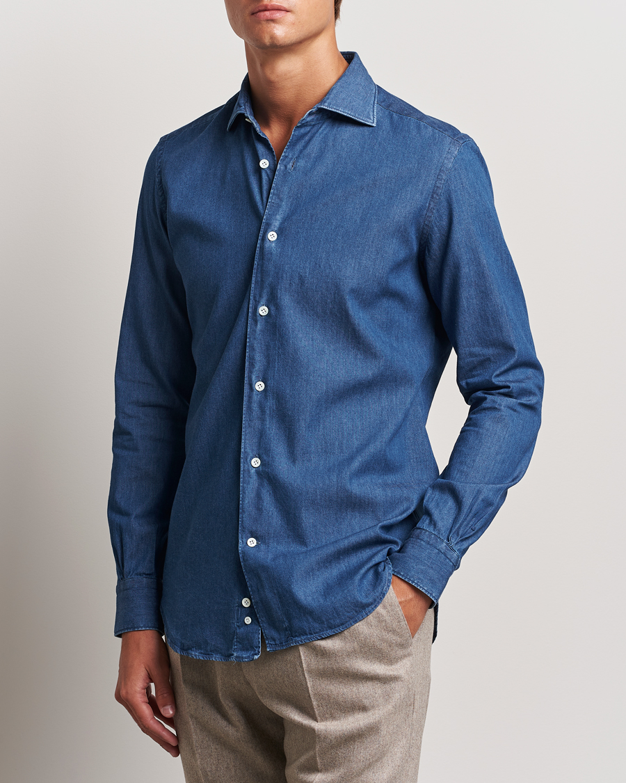 Mies | Kauluspaidat | Mazzarelli | Soft Cotton Denim Shirt Stone Wash