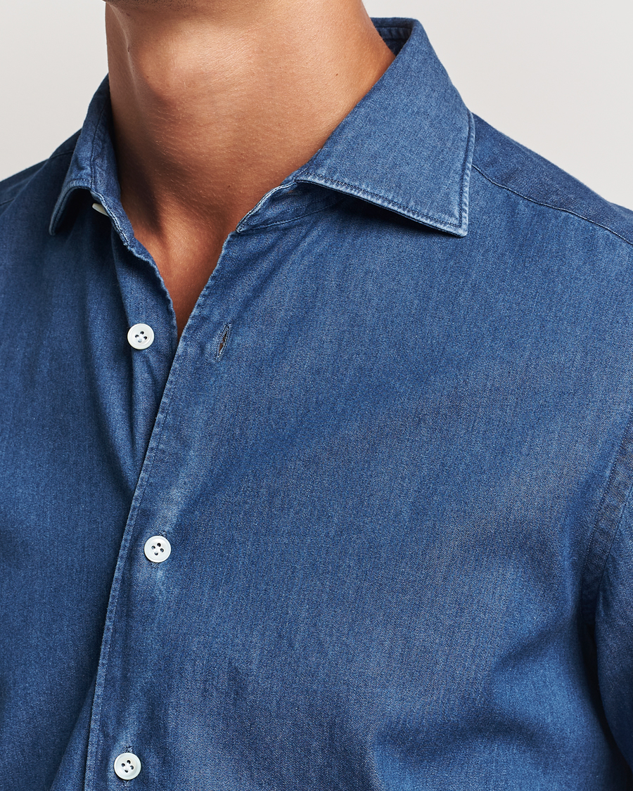 Mies | Kauluspaidat | Mazzarelli | Soft Cotton Denim Shirt Stone Wash