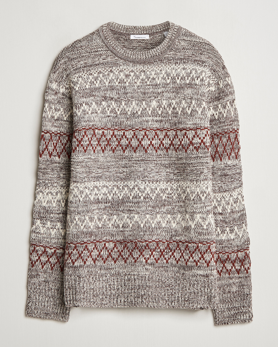 Mies | Puserot | KnowledgeCotton Apparel | Knitted Pattern Lambswool Crewneck Brown