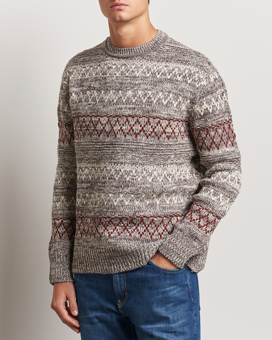 Mies | Puserot | KnowledgeCotton Apparel | Knitted Pattern Lambswool Crewneck Brown