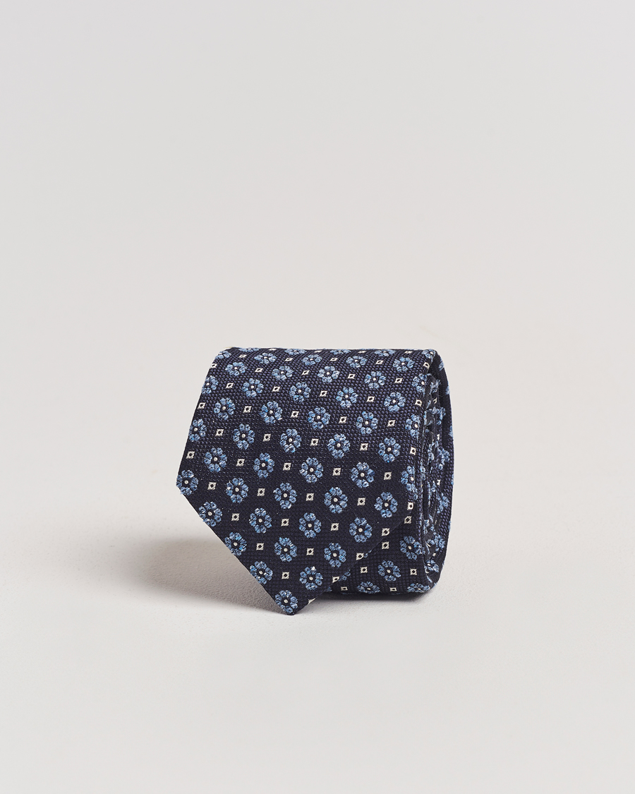 Mies | Amanda Christensen Silk/Cotton Printed Flower 8cm Tie Navy | Amanda Christensen | Silk/Cotton Printed Flower 8cm Tie Navy