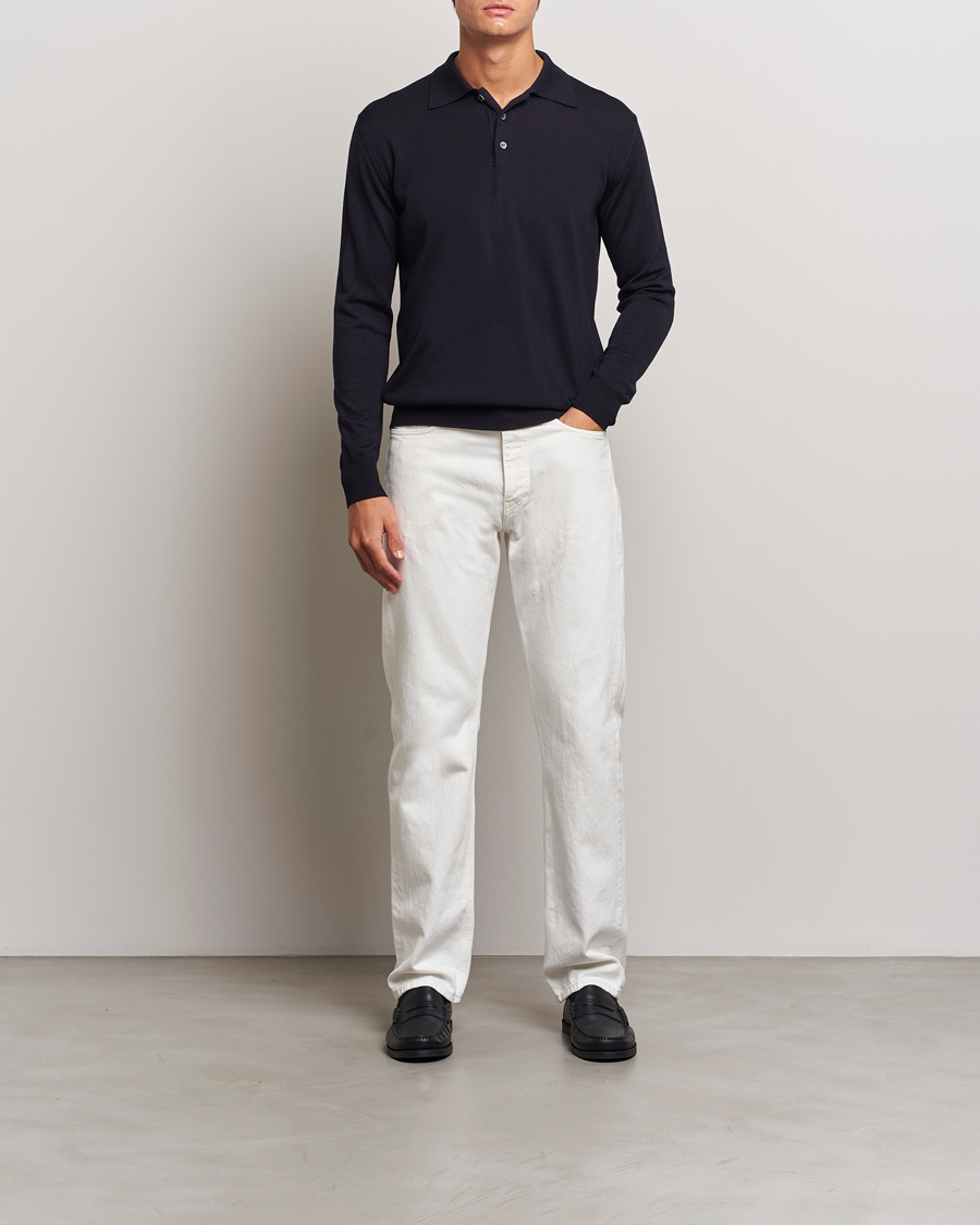 Mies | Puserot | Altea | Merino Long Sleeve Polo Navy