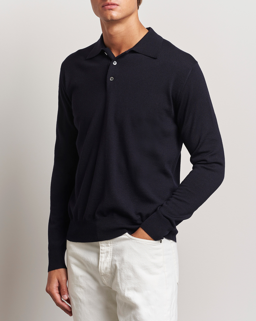 Mies | Puserot | Altea | Merino Long Sleeve Polo Navy
