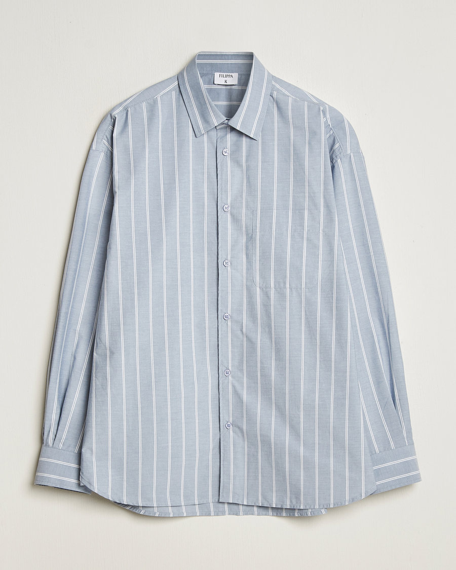 Mies | Kauluspaidat | Filippa K | Striped Cotton Poplin Shirt Blue/White