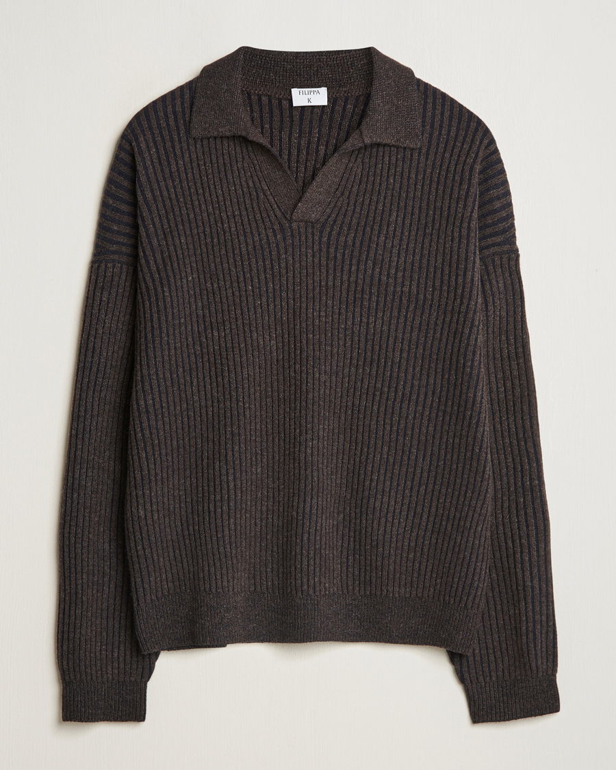 Mies | Puserot | Filippa K | Rib Knitted Polo Shirt Mocha/Navy