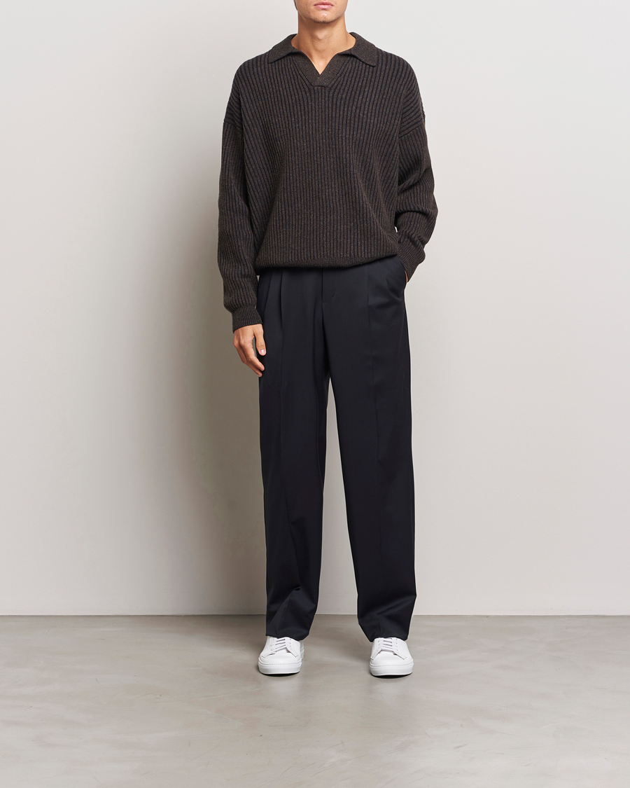 Mies | Puserot | Filippa K | Rib Knitted Polo Shirt Mocha/Navy