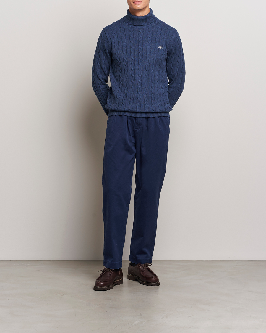 Mies | Puserot | GANT | Cotton Cable Turtle Neck Dark Jeans Blue Melange