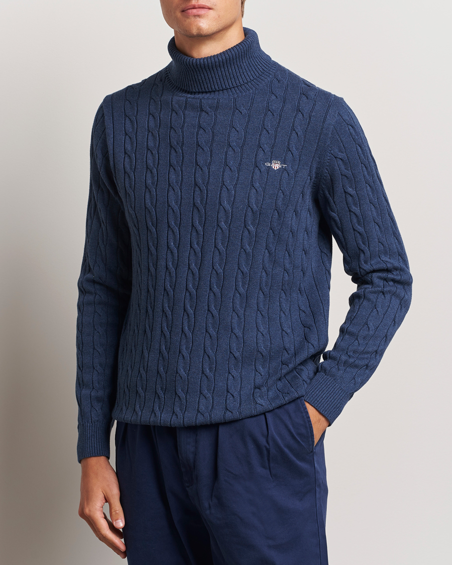 Mies | Puserot | GANT | Cotton Cable Turtle Neck Dark Jeans Blue Melange