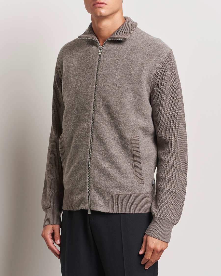 Mies | Puserot | BOSS BLACK | Emeraviglio Wool/Cotton Full Zip Dark Beige