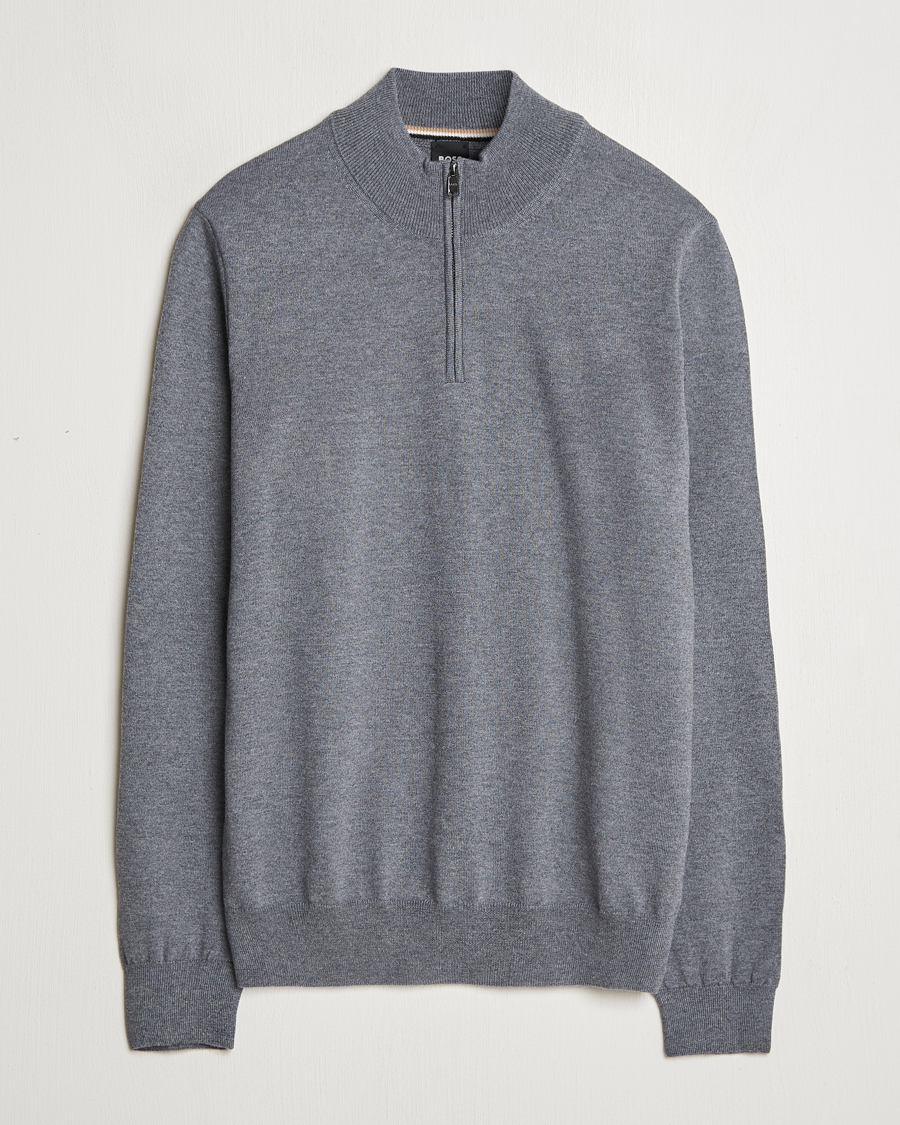 Mies | Puserot | BOSS BLACK | Ebenji Merino Knitted Half Zip Medium Grey