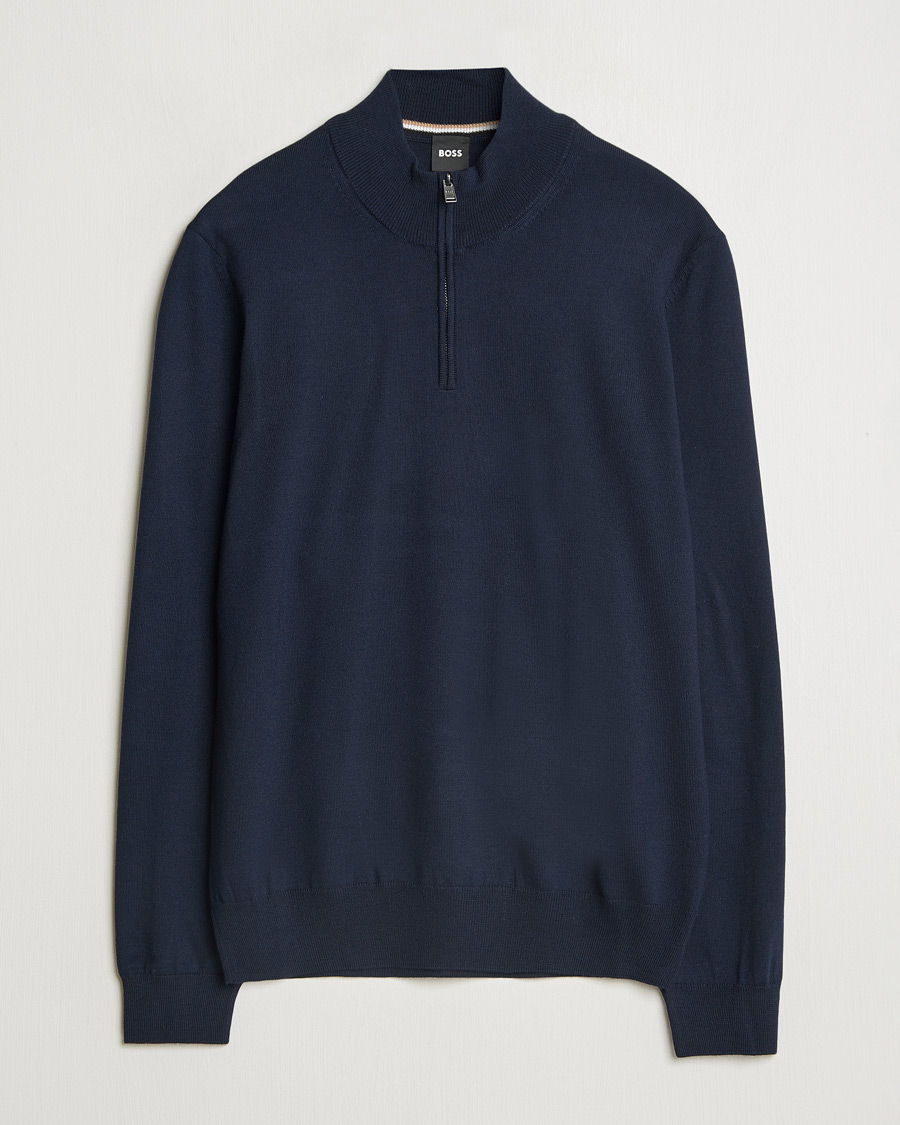 Mies | Puserot | BOSS BLACK | Ebenji Merino Knitted Half Zip Dark Blue