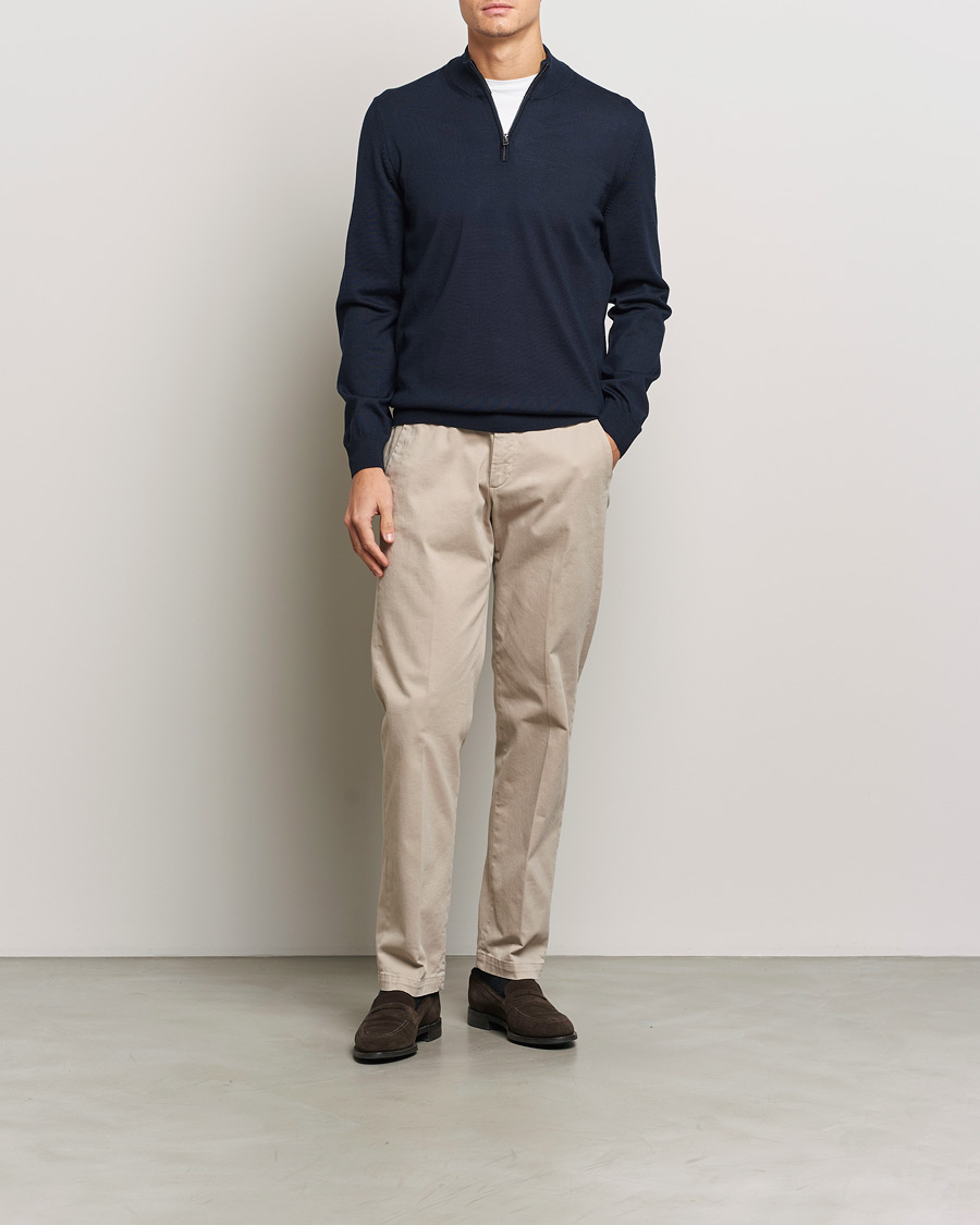 Mies | Puserot | BOSS BLACK | Ebenji Merino Knitted Half Zip Dark Blue