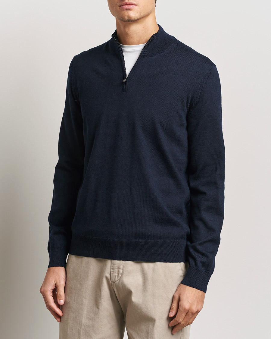 Mies | Puserot | BOSS BLACK | Ebenji Merino Knitted Half Zip Dark Blue