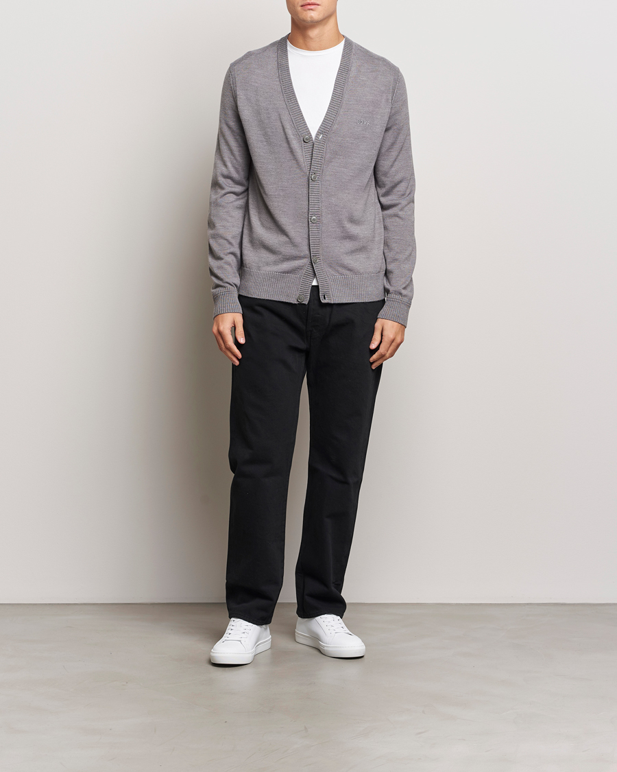 Mies | Puserot | BOSS ORANGE | Avac Wool Knitted Cardigan Light Grey