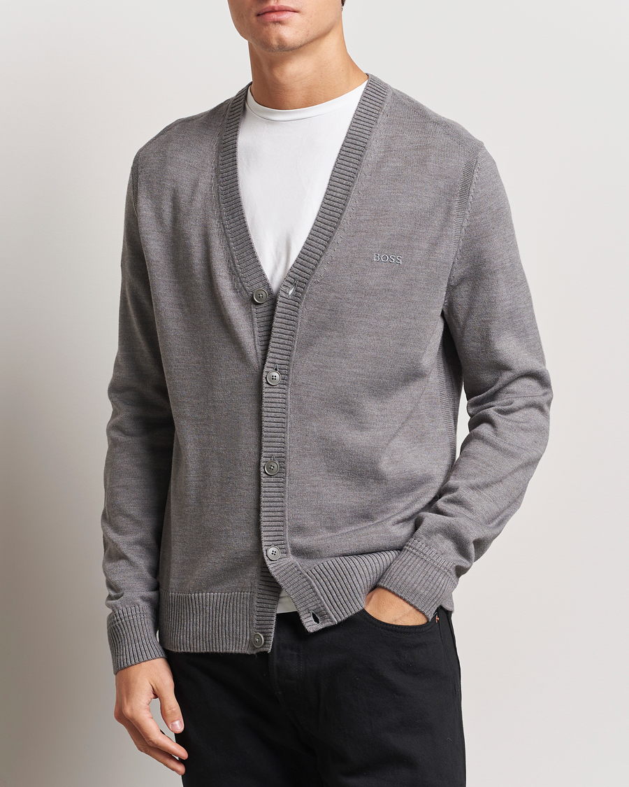 Mies | Puserot | BOSS ORANGE | Avac Wool Knitted Cardigan Light Grey