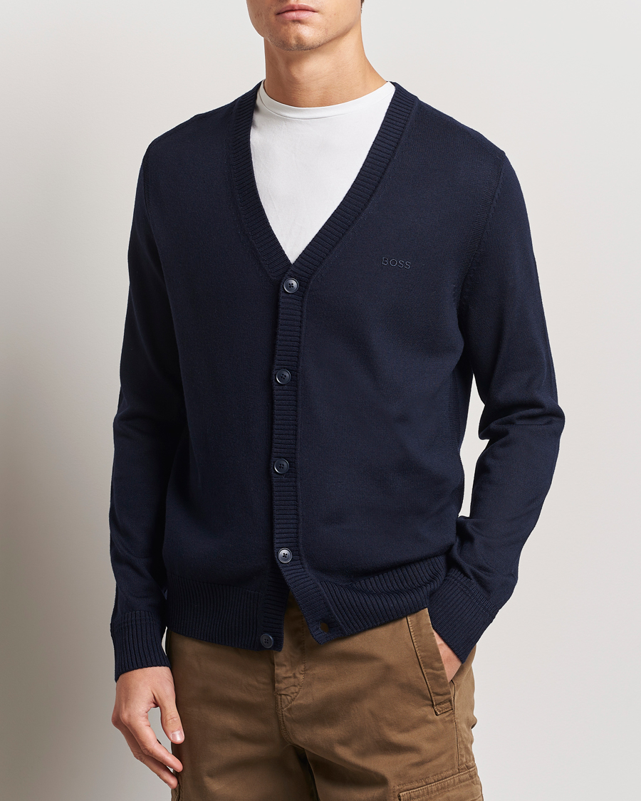 Mies | Puserot | BOSS ORANGE | Avac Wool Knitted Cardigan Dark Blue