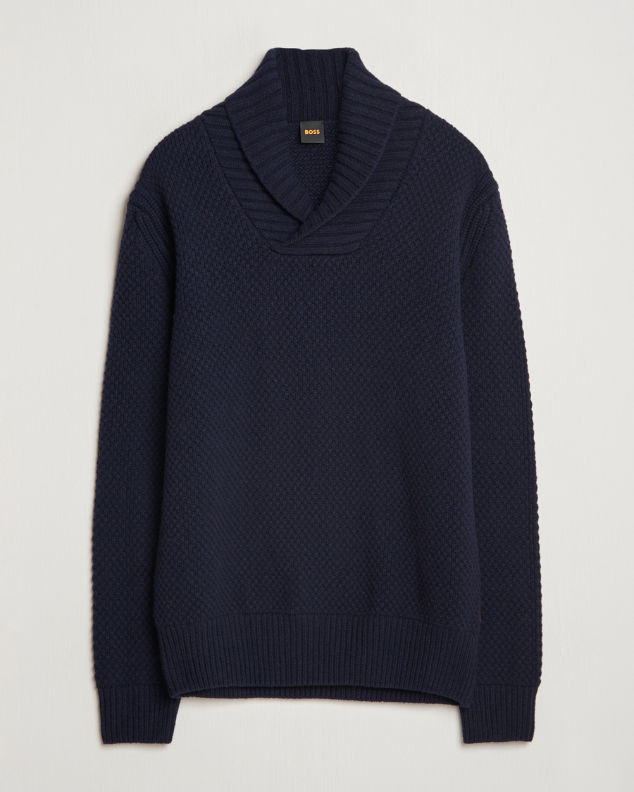 Mies | Puserot | BOSS ORANGE | Amadon Knitted Shawl Collar Sweater Dark Blue