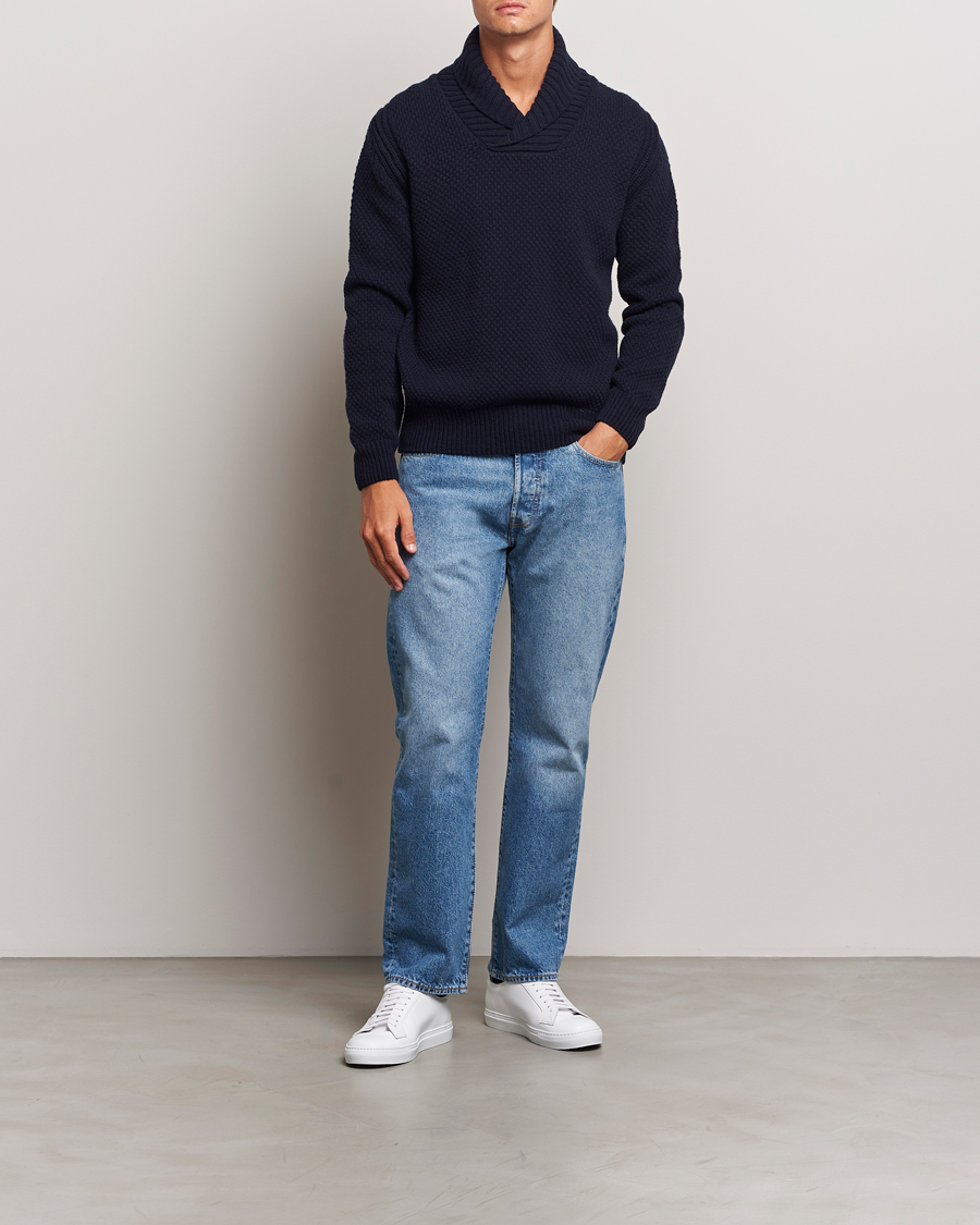 Mies | Puserot | BOSS ORANGE | Amadon Knitted Shawl Collar Sweater Dark Blue