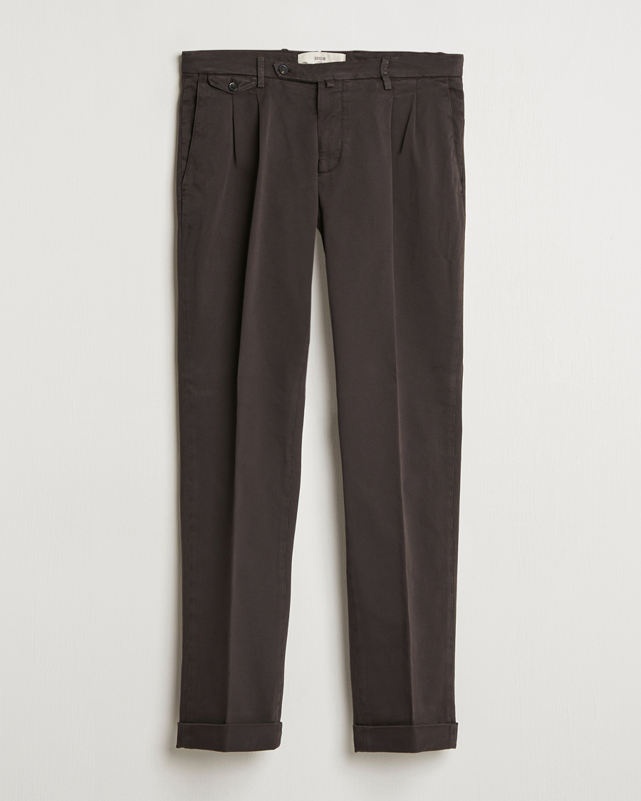 Mies | Housut | Briglia 1949 | Easy Fit Pleated Cotton Stretch Chino Dark Brown