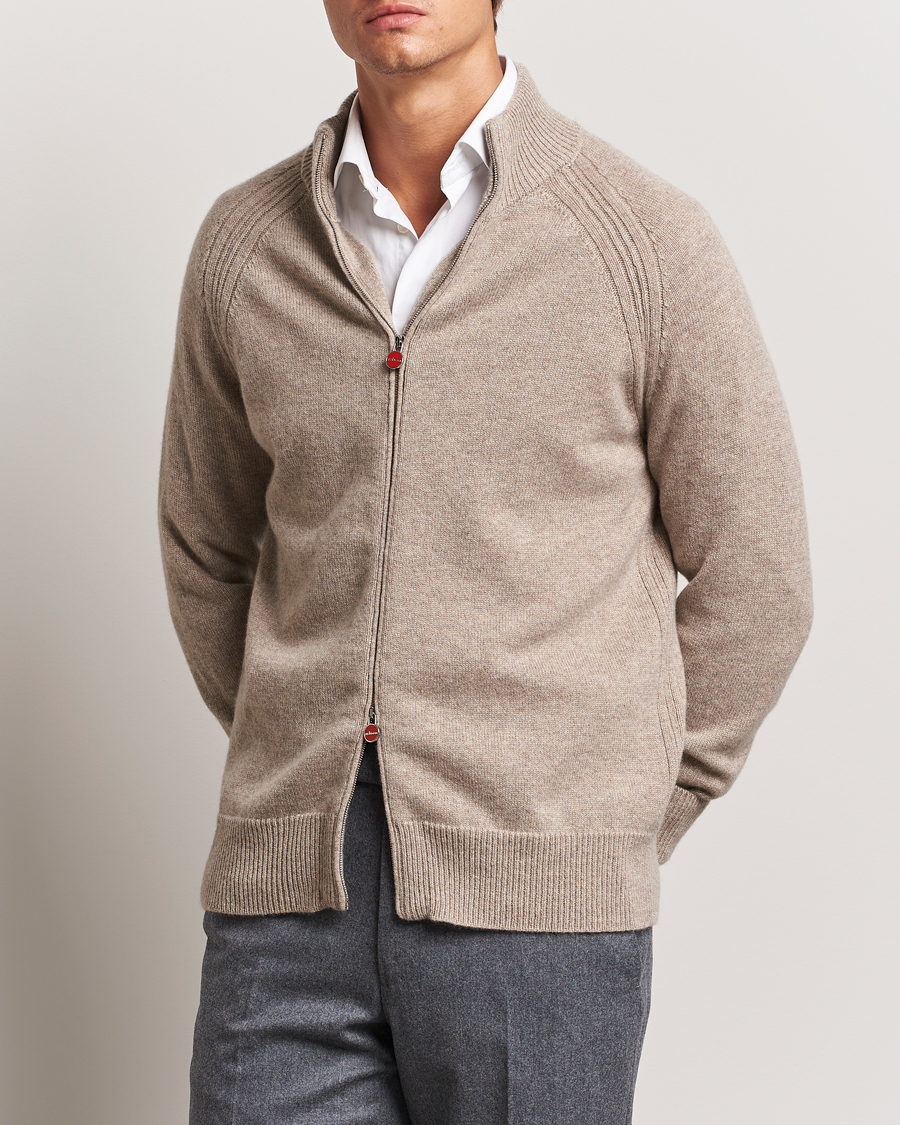 Mies | Puserot | Kiton | Cashmere Raglan Full Zip Beige