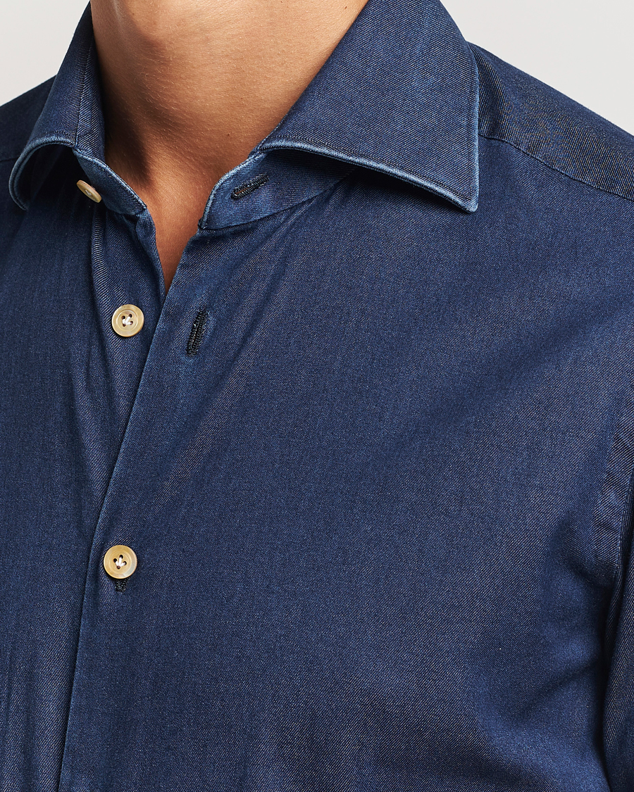 Mies | Kauluspaidat | Kiton | Stretch Denim Cut Away Shirt Blue Indigo