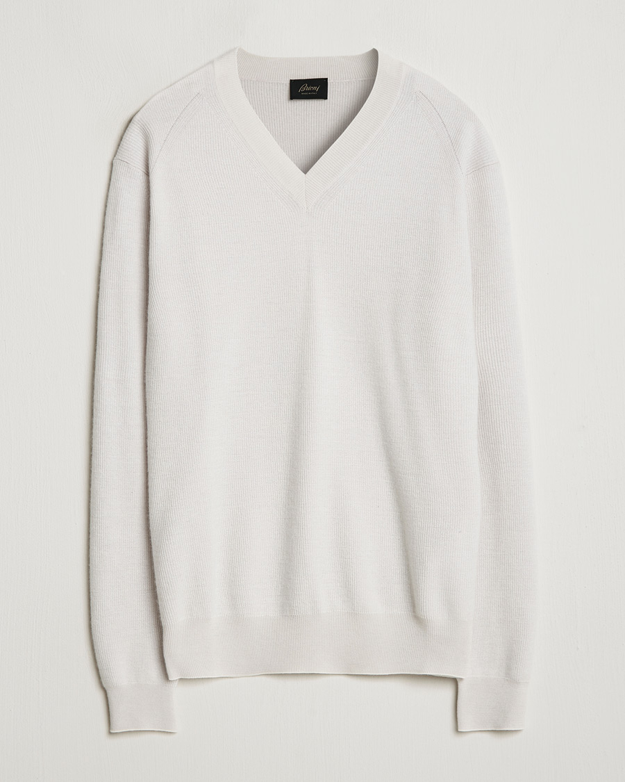 Mies | Puserot | Brioni | Rib Cashmere V-Neck Sweater Light Grey