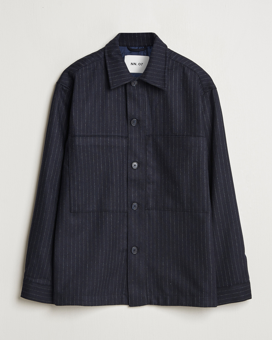 Mies | Kauluspaidat | NN07 | Isak Wool Overshirt Navy Blue Pinstripe