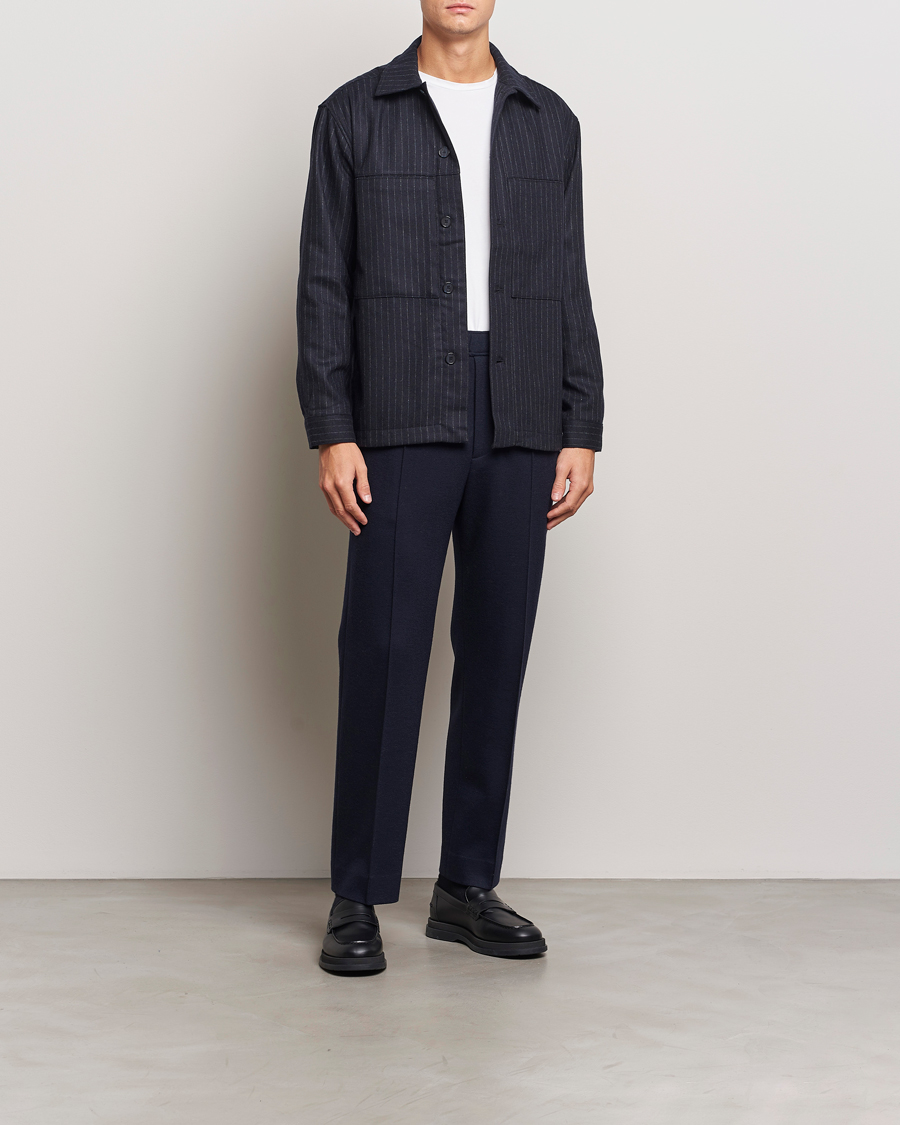 Mies | Kauluspaidat | NN07 | Isak Wool Overshirt Navy Blue Pinstripe
