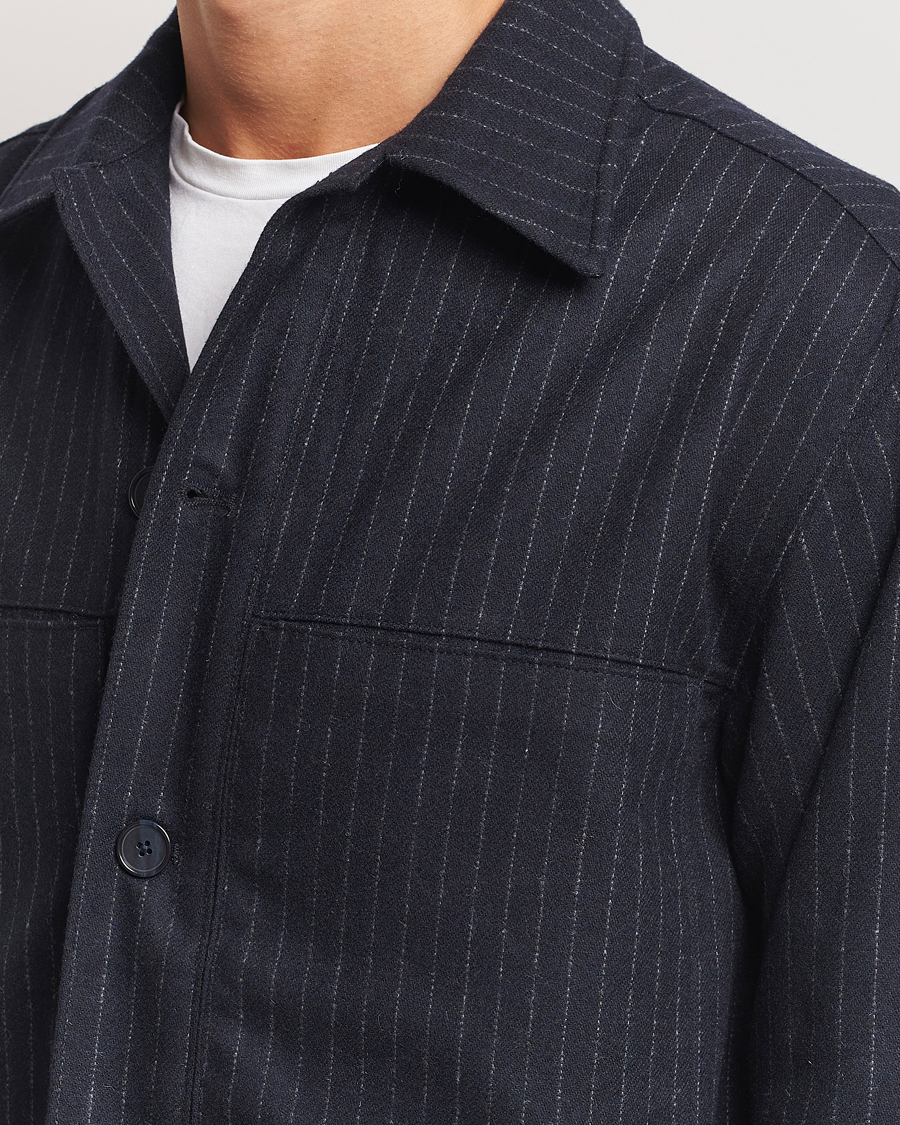 Mies | Kauluspaidat | NN07 | Isak Wool Overshirt Navy Blue Pinstripe
