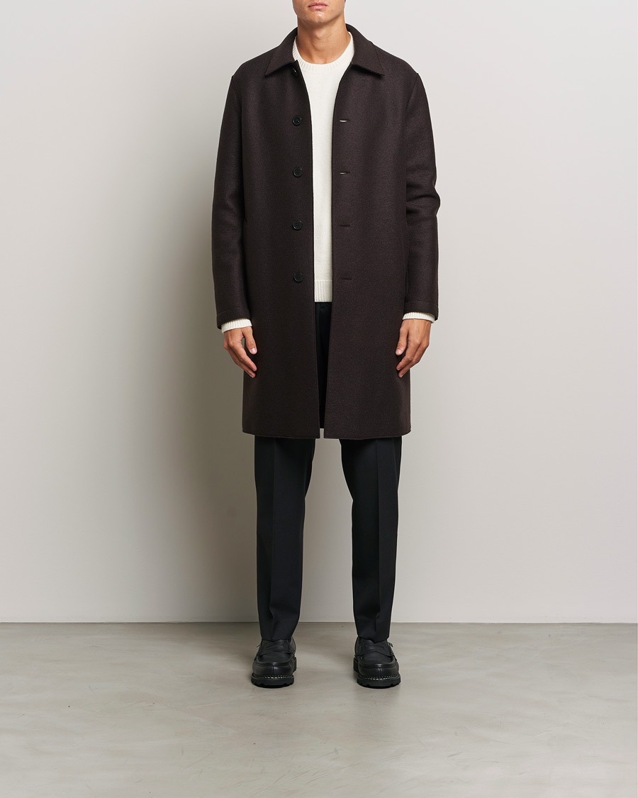 Mies | Takit | Harris Wharf London | Pressed Wool Mac Coat Dark Brown
