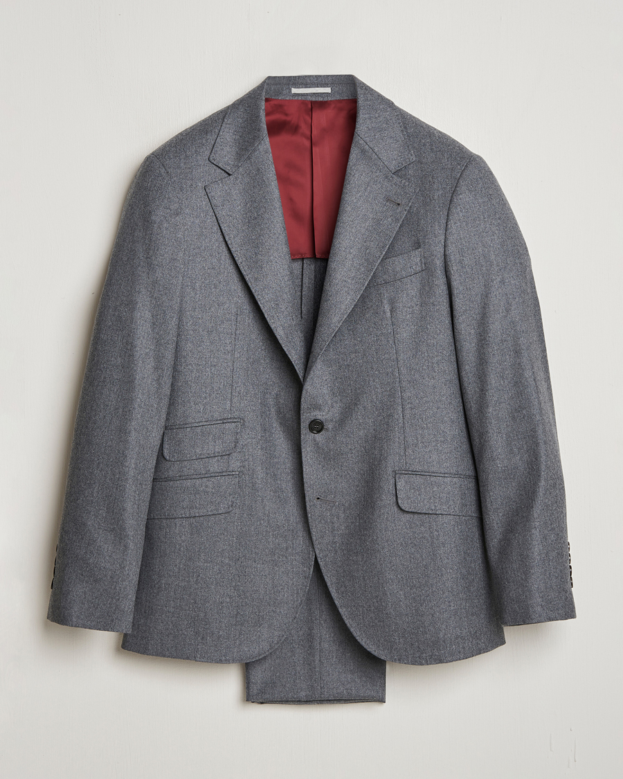 Mies | Puvut | Brunello Cucinelli | Single Breasted Flannel Suit Grey Melange
