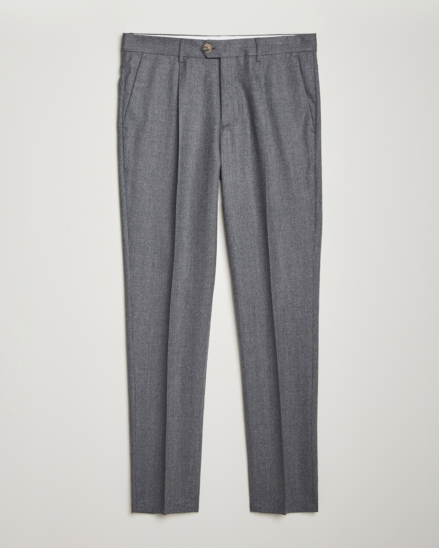 Mies | Housut | Brunello Cucinelli | Slim Fit Pleated Flannel Trousers Grey Melange