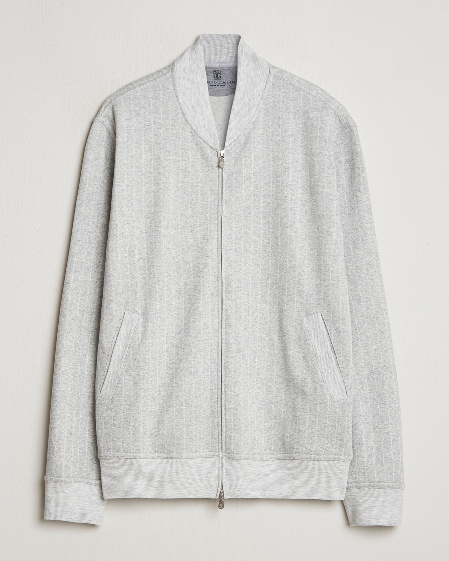 Mies | Puserot | Brunello Cucinelli | Soft Pinstripe Full Zip Sweater Pearl Grey