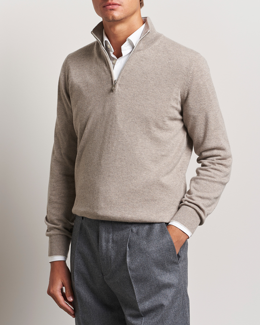 Mies | Puserot | Brunello Cucinelli | 2 Ply Cashmere Half Zip Beige