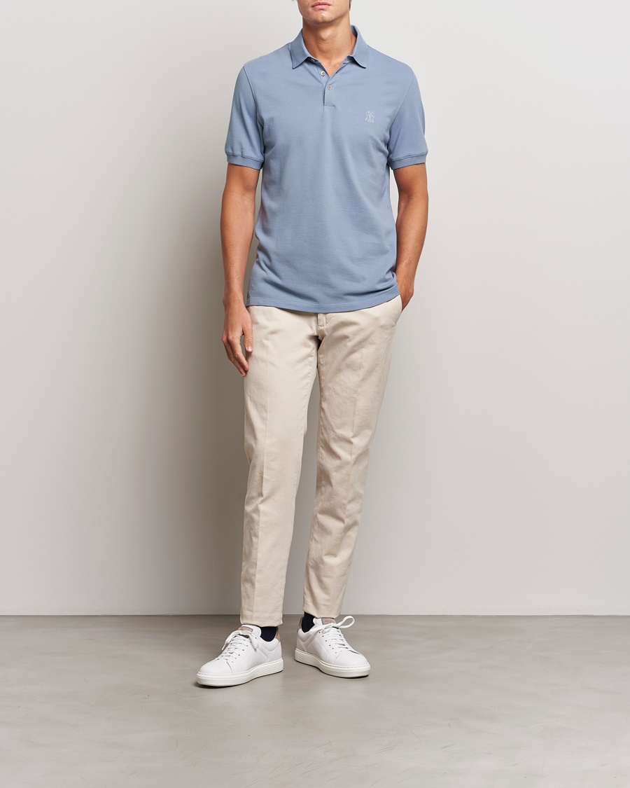Mies | Pikeet | Brunello Cucinelli | Short Sleeve Logo Polo Celestial