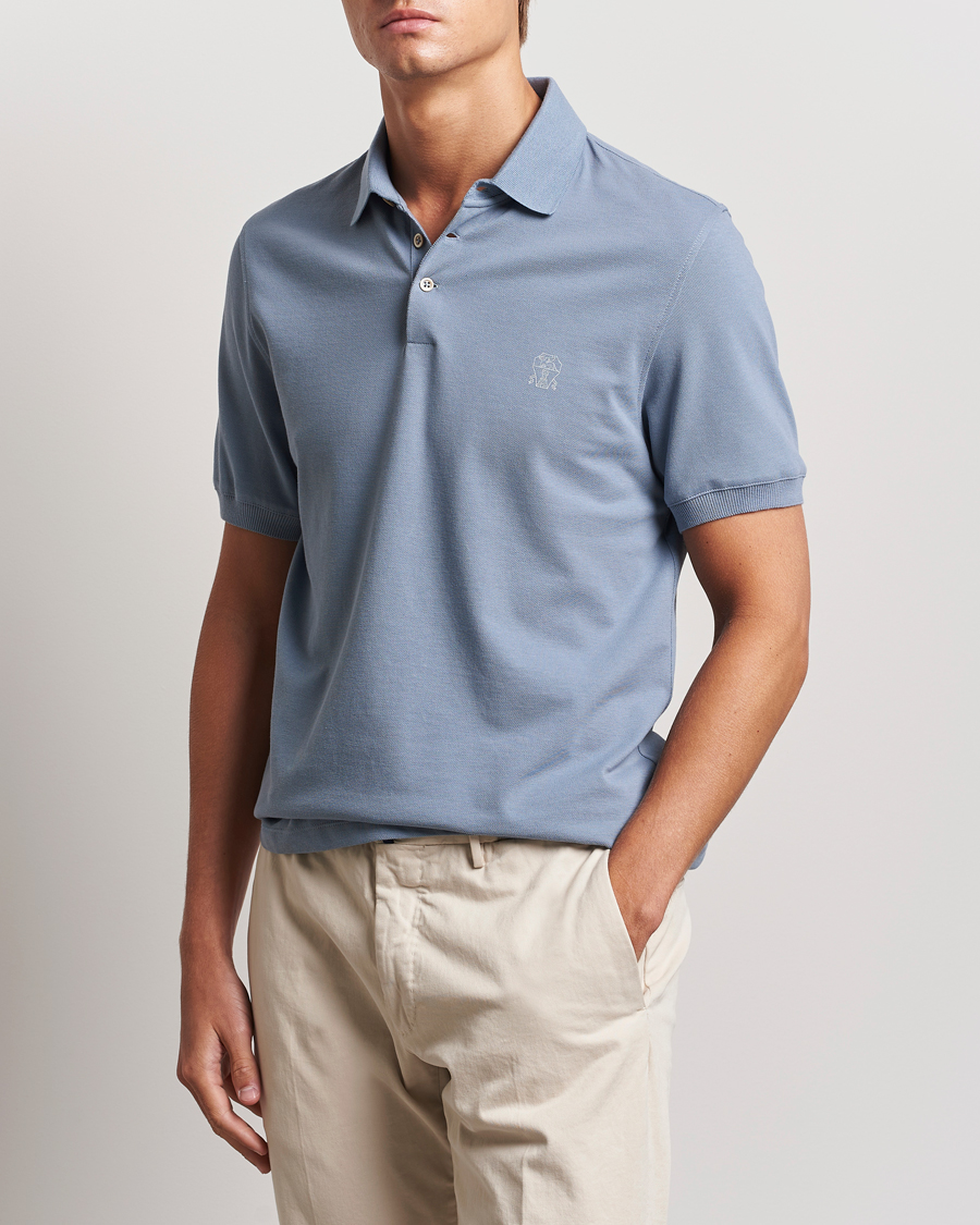 Mies | Pikeet | Brunello Cucinelli | Short Sleeve Logo Polo Celestial