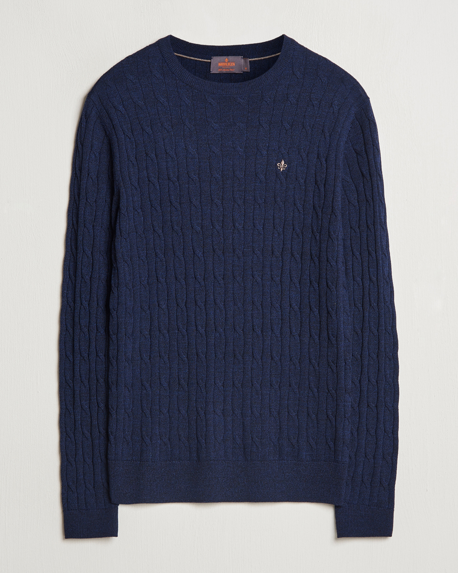 Mies | Puserot | Morris | Merino Cable O-Neck Blue