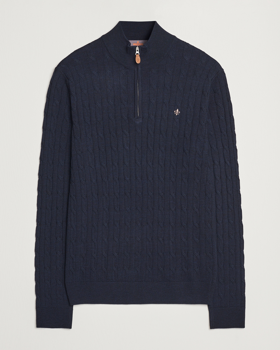 Mies | Puserot | Morris | Merino Cable Half Zip Navy