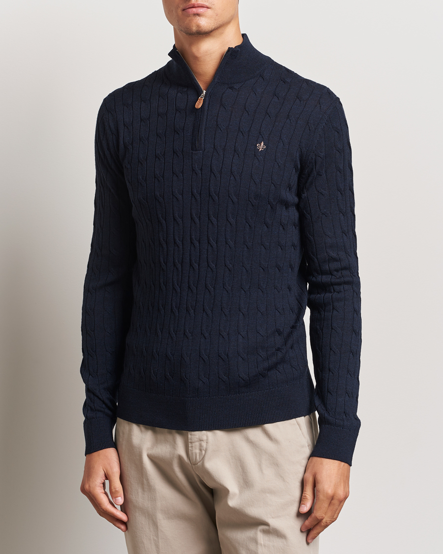 Mies | Puserot | Morris | Merino Cable Half Zip Navy