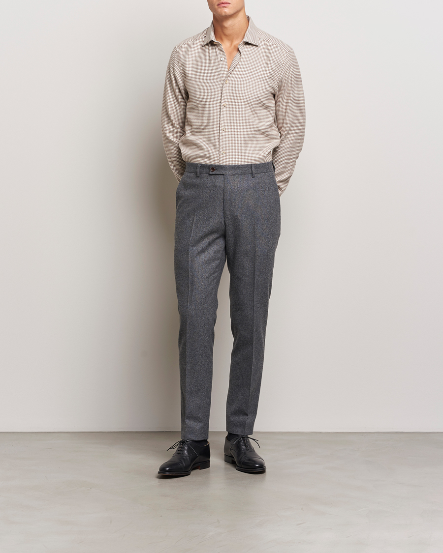 Mies | Kauluspaidat | Stenströms | Slimline Flannel Houndstooth Shirt Light Brown