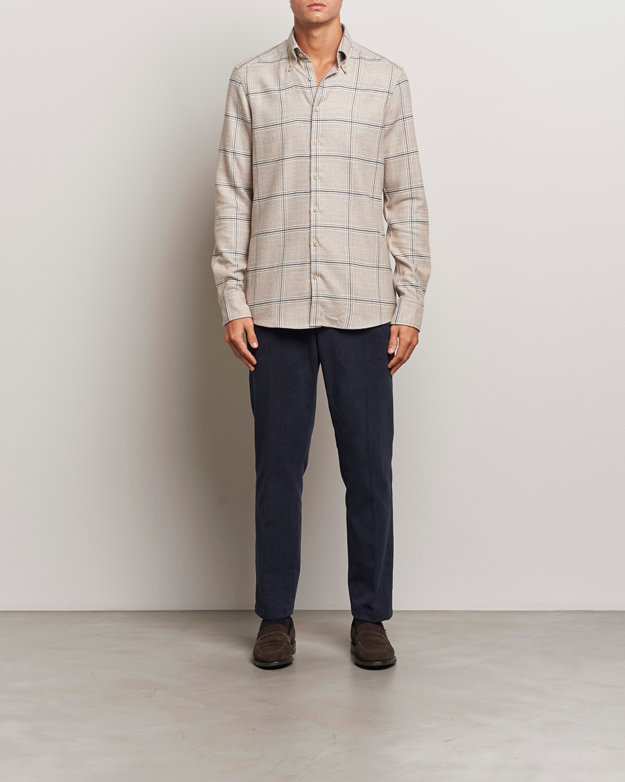 Mies | Kauluspaidat | Stenströms | Slimline Flannel Overcheck Shirt Light Brown