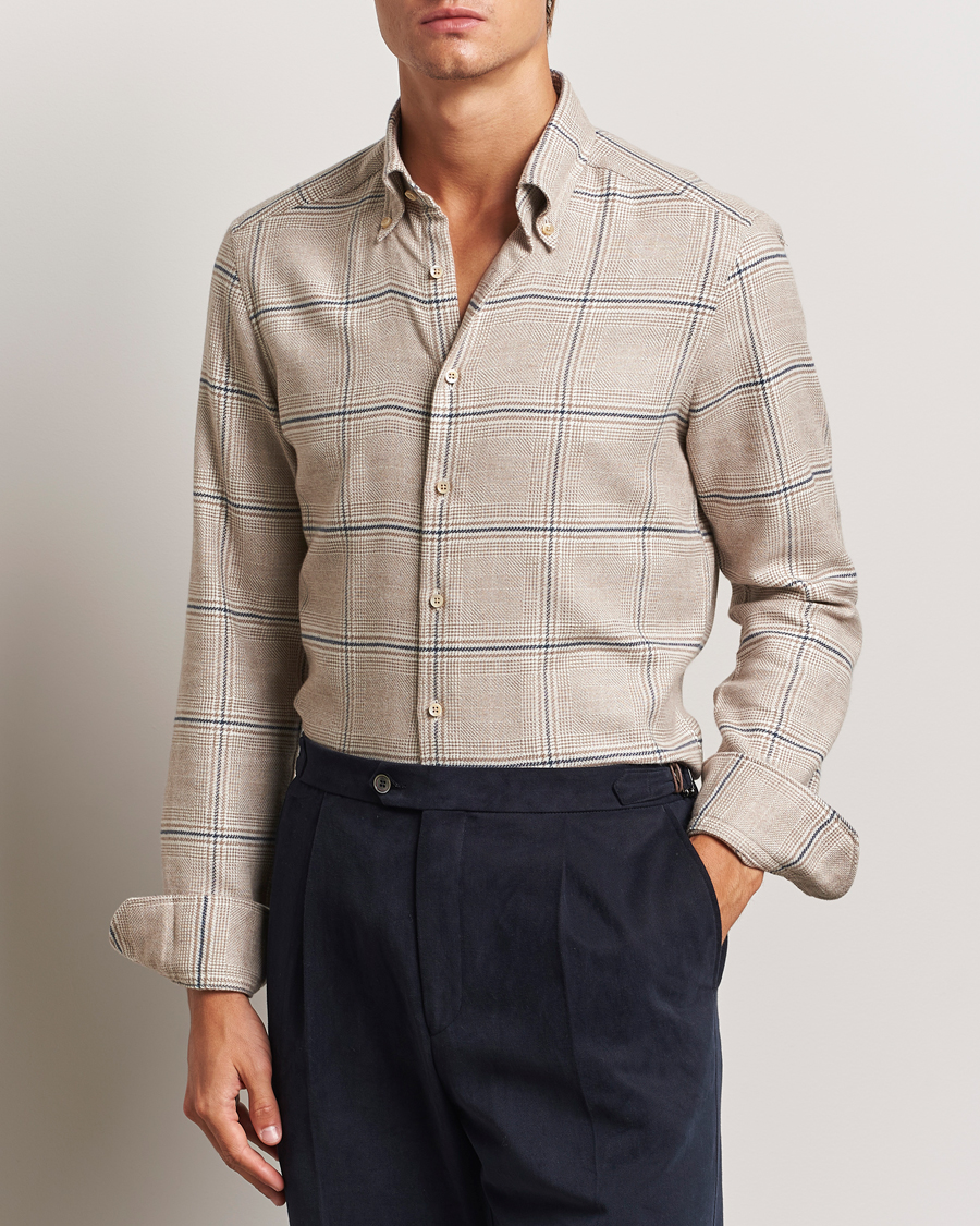 Mies | Kauluspaidat | Stenströms | Slimline Flannel Overcheck Shirt Light Brown