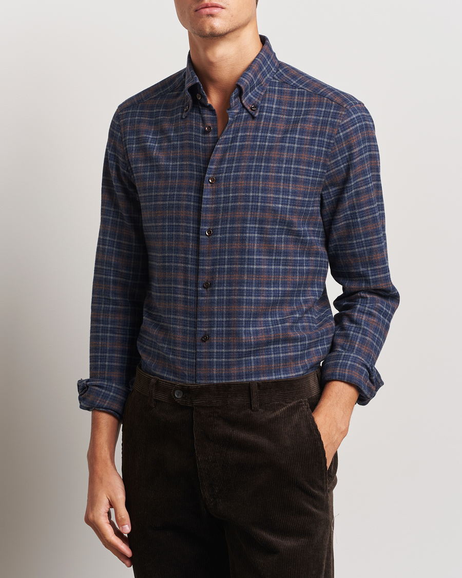 Mies | Kauluspaidat | Stenströms | Slimline Small Check Flannel Shirt Dark Blue