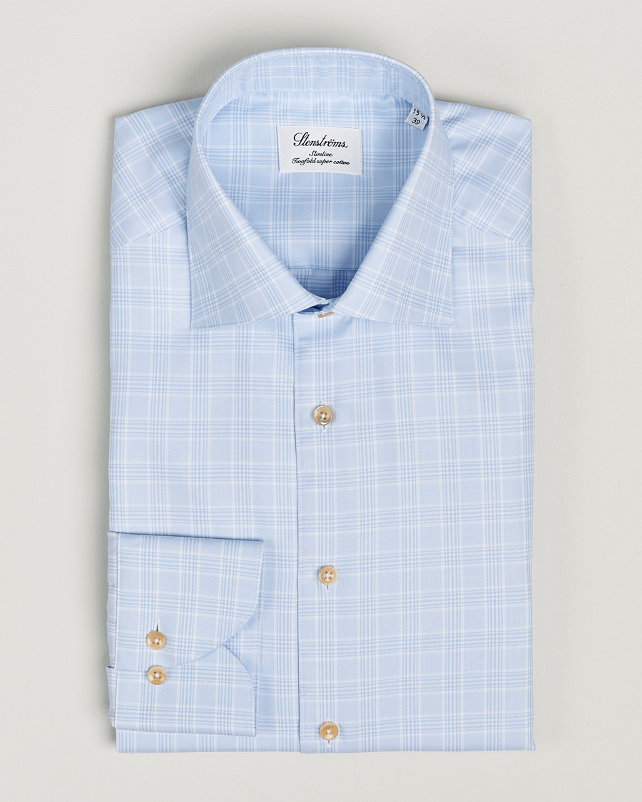 Mies | Kauluspaidat | Stenströms | Slimline Checked Twill Cut Away Shirt Light Blue